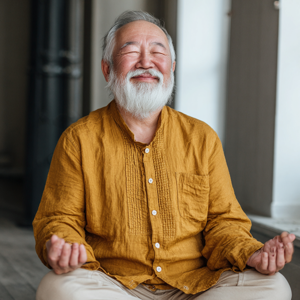 Спокойная пожилая европейская женщина в комфортной одежде выполняет простую асану йоги на рассвете, излучая внутренний покой и силу